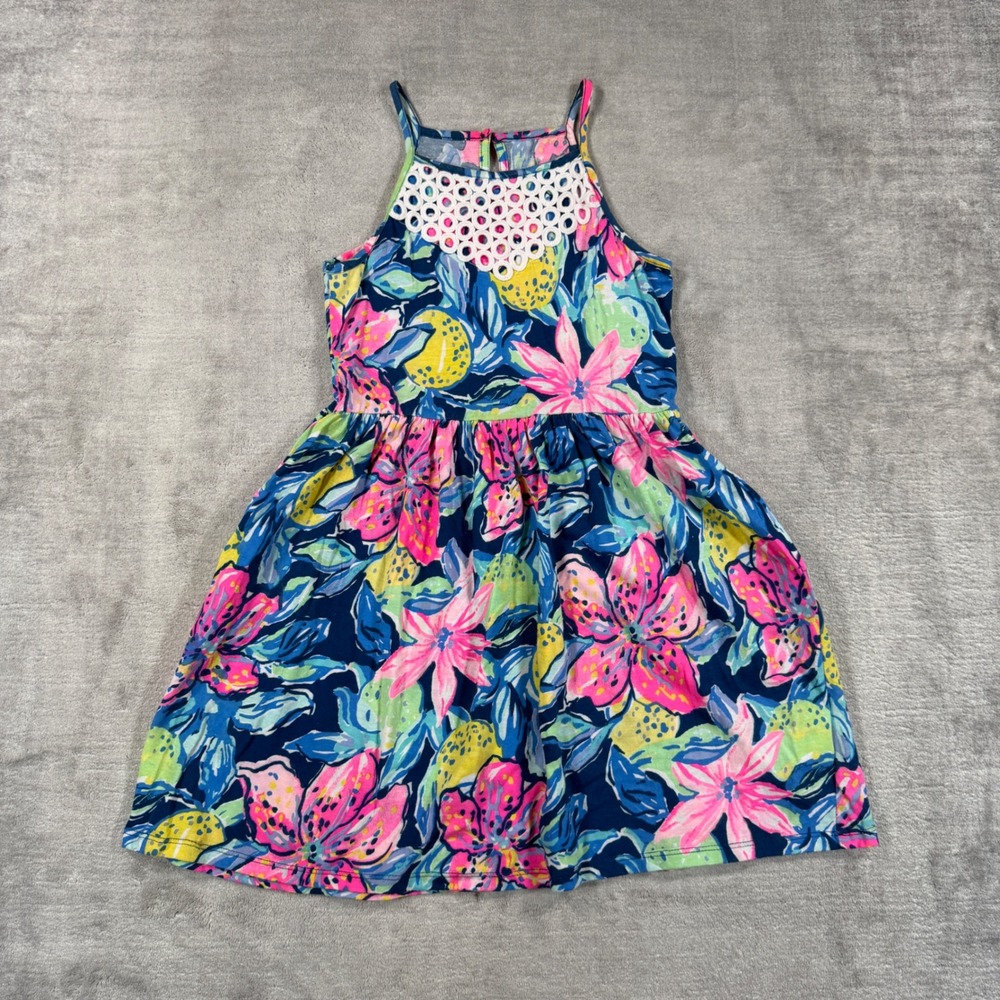 Lilly Pulitzer Dress Kids Large Blue Floral Lace Yoke Pockets Flare Tropical